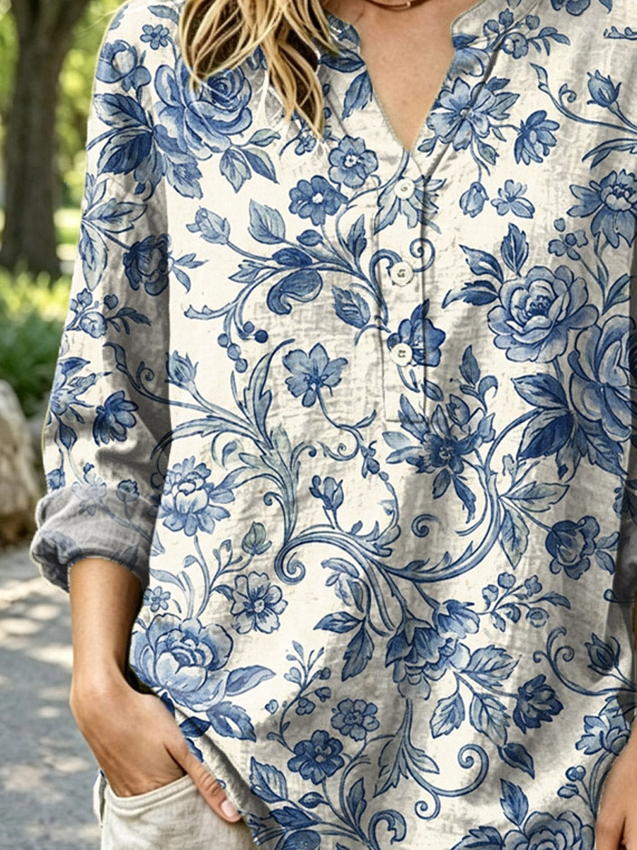 Women's Retro Floral Pattern Art Print Casual Long Sleeve Linen Shirt