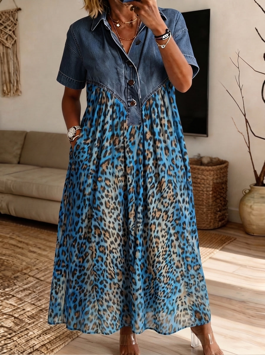 Women’s Denim Spliced Blue Leopard Print Loose Midi Dress With Pockets