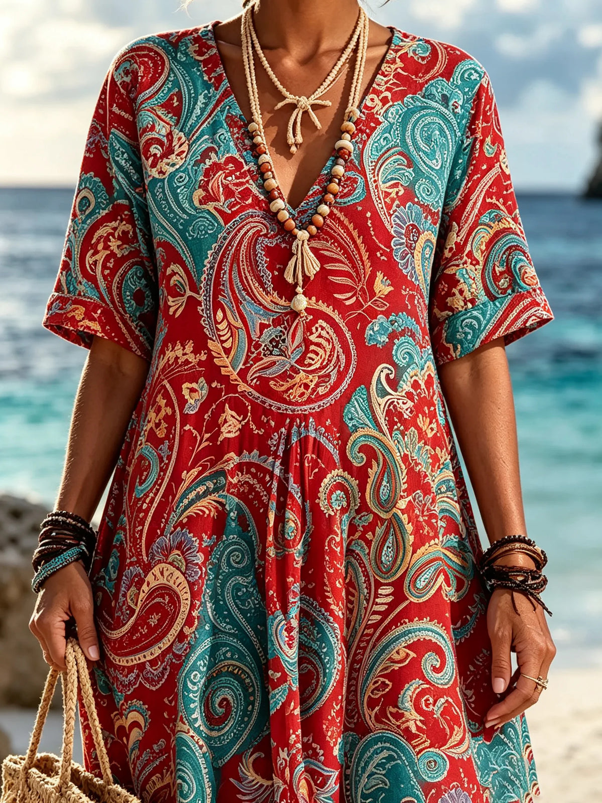 Women Red Base Vintage Paisley Swirl Print Casual Maxi Dress