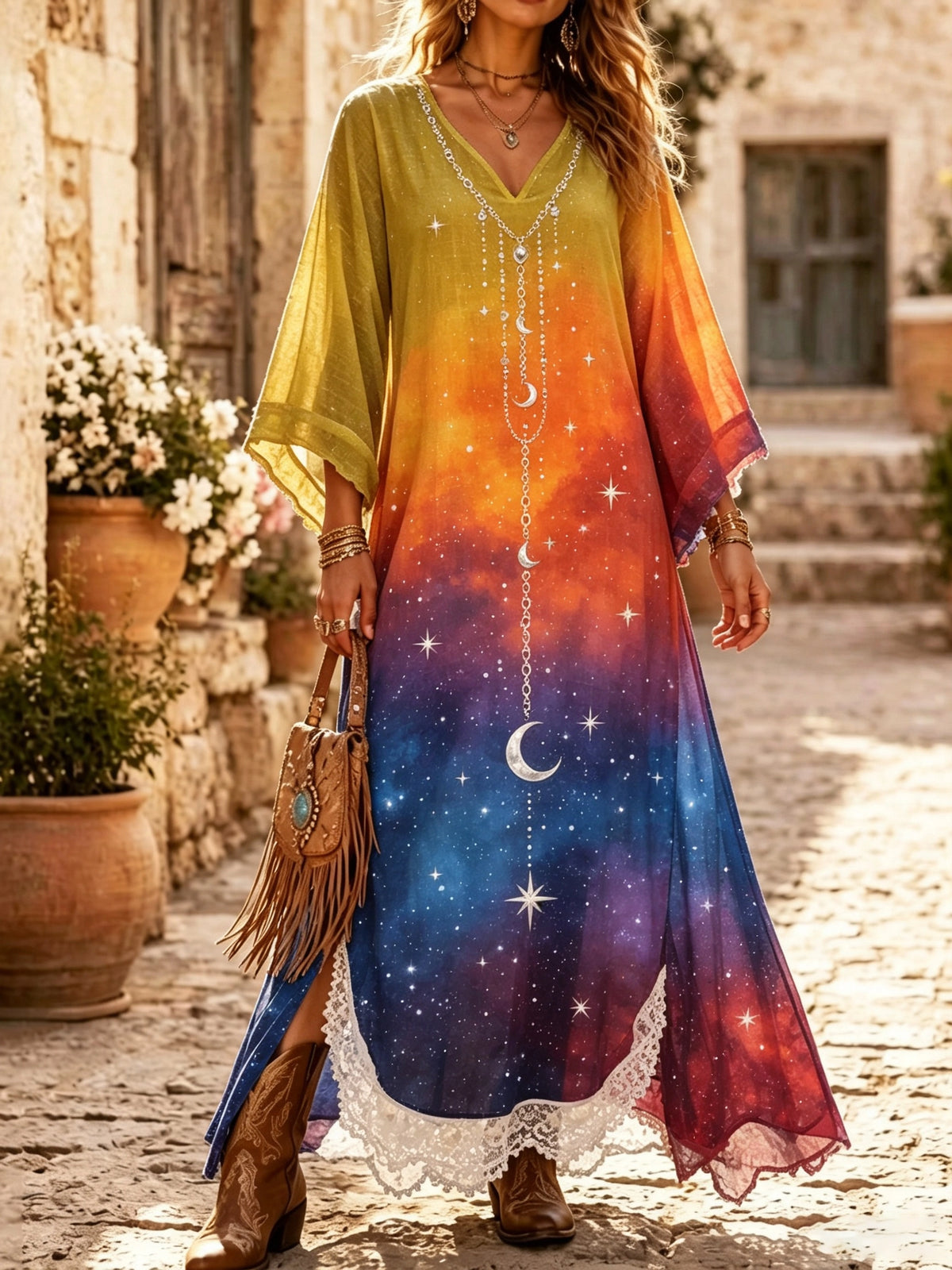 Women's Celestial Galaxy Print Kaftan Maxi Dress