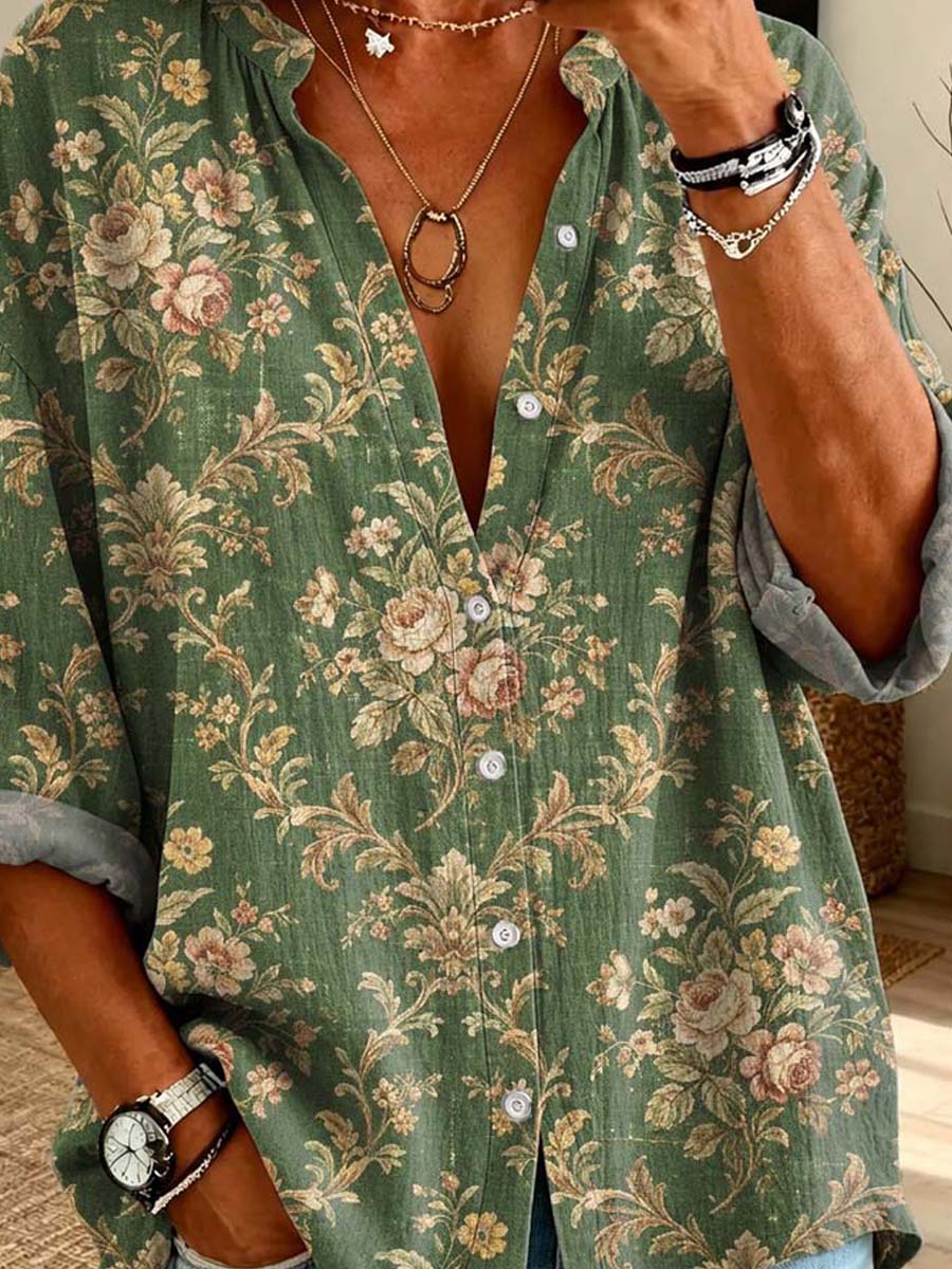 Vintage Floral Pattern Art Print Casual Long Sleeve Cotton Linen Shirt