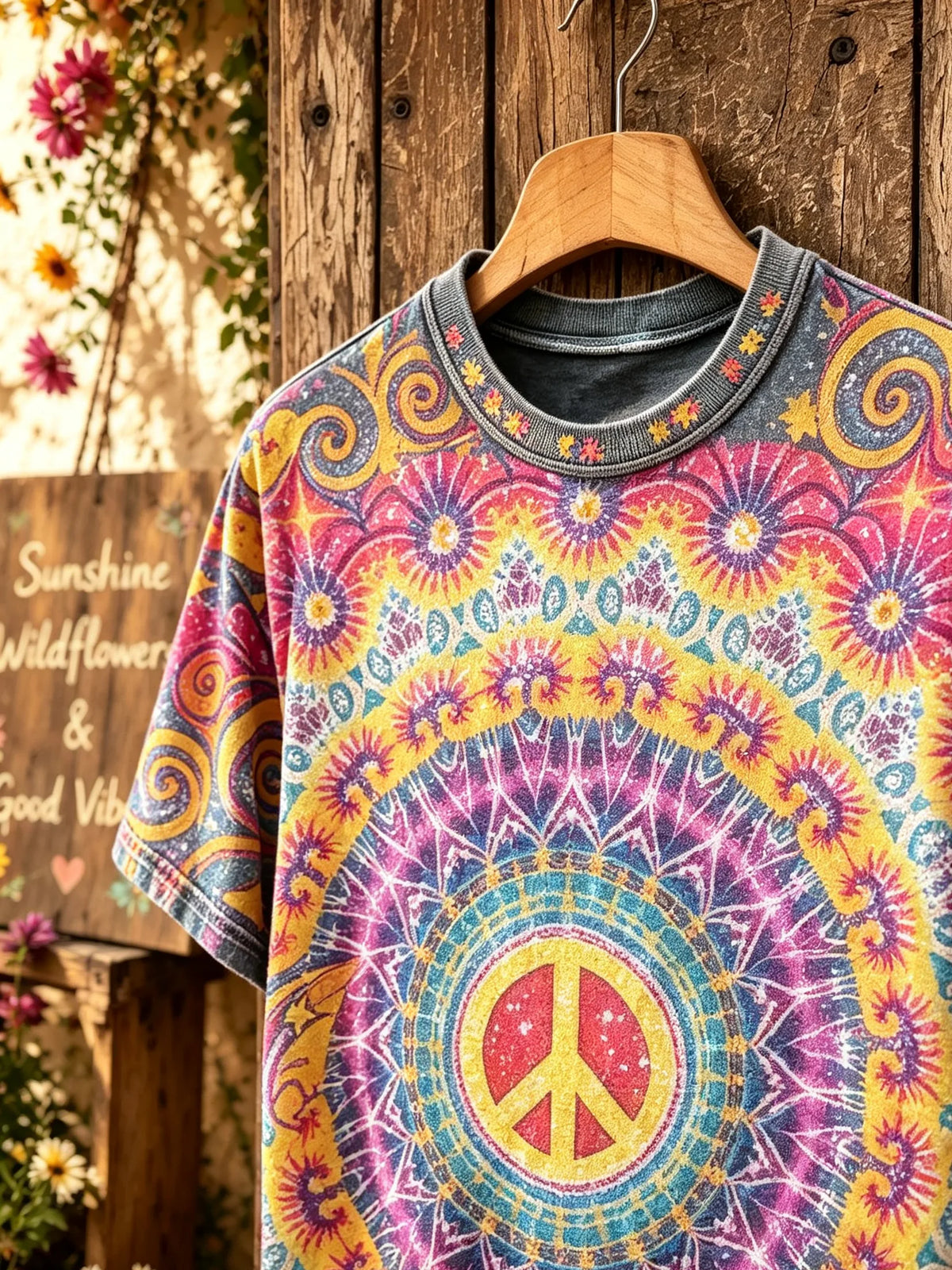 Unisex Colorful Mandala Peace Sign Print Short Sleeve T-Shirt