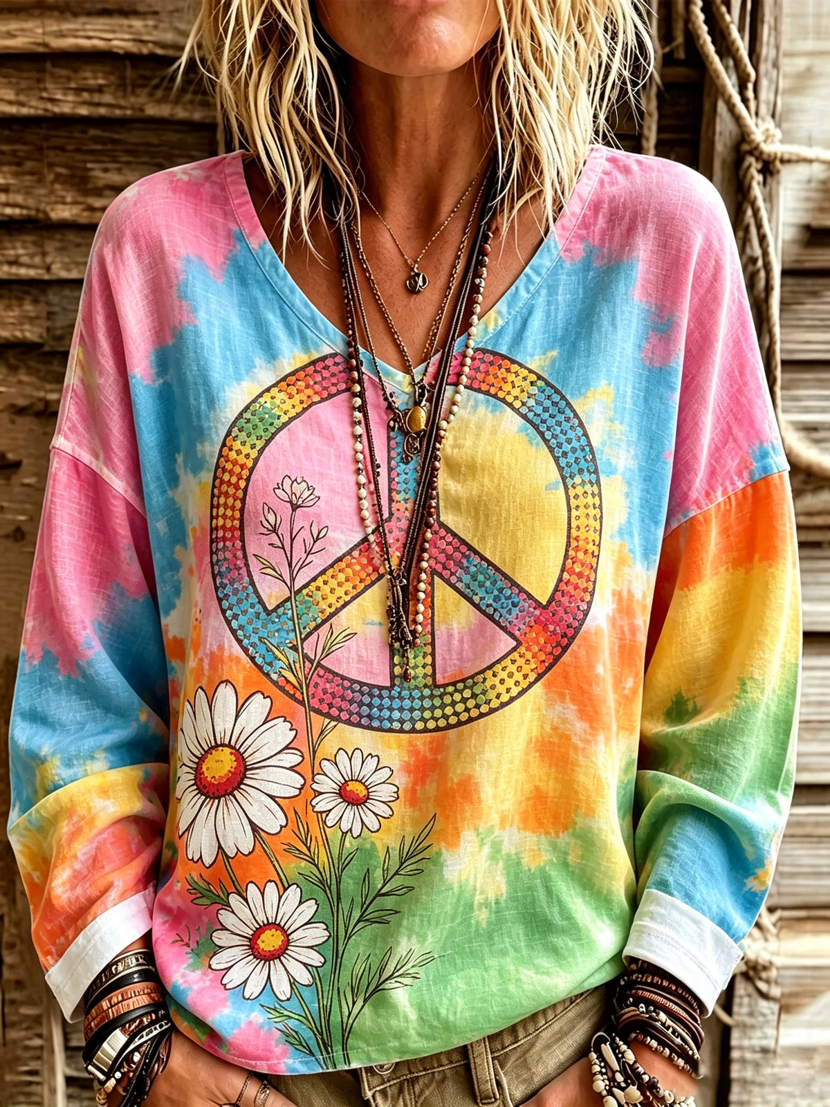 Women's Tie-Dye Peace Daisy Print Top