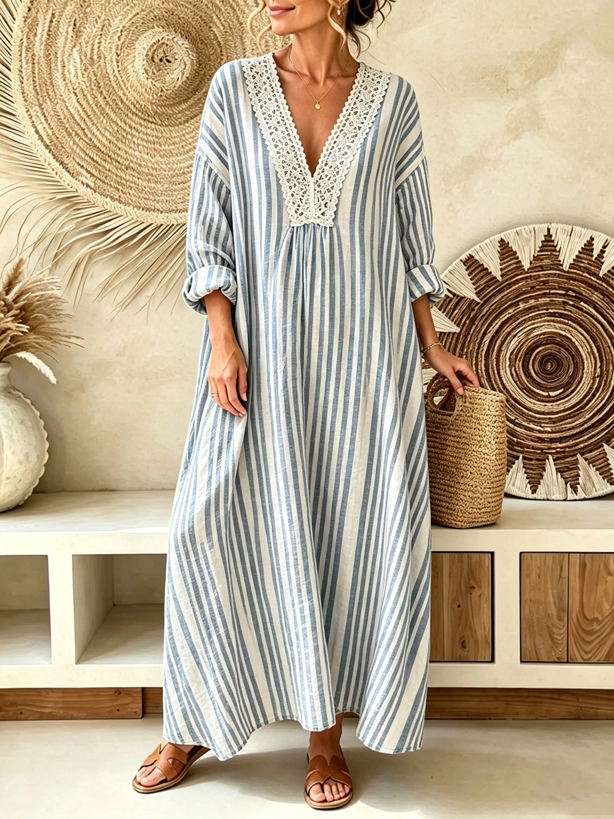 Women’s Blue White Vertical Stripe Hollow Lace Spliced V-Neck Loose Cotton Linen Maxi Dress