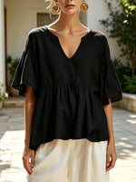 Women's Solid Color Ruffle Art Stylish Short Sleeve Cotton Linen Shirt