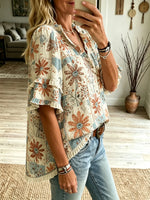 Women's Patchwork Sunflower Print Ruffle Short Sleeve Blouse