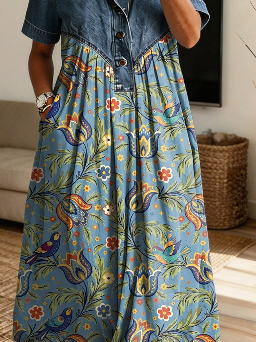 Vintage Floral Birds Pattern Art Print Casual Stylish Lapel Denim Patchwork Dress