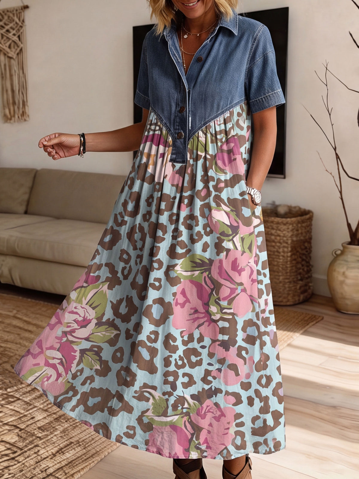 Women’s Denim Spliced Leopard Floral Print Loose Midi Dress With Pockets