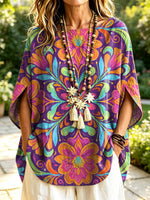 Women's Retro Floral Pattern Art Print Casual Short Sleeve Cotton Linen Shirt