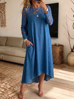 Women's Lace Spliced Denim Irregular Hem Midi Dress With Pockets