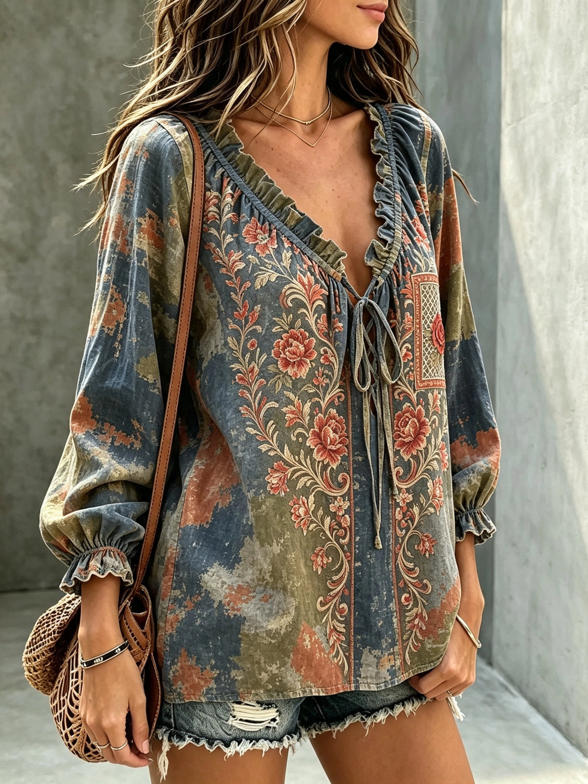 Women's Vintage Rose Floral Print Tie-Neck Blouse