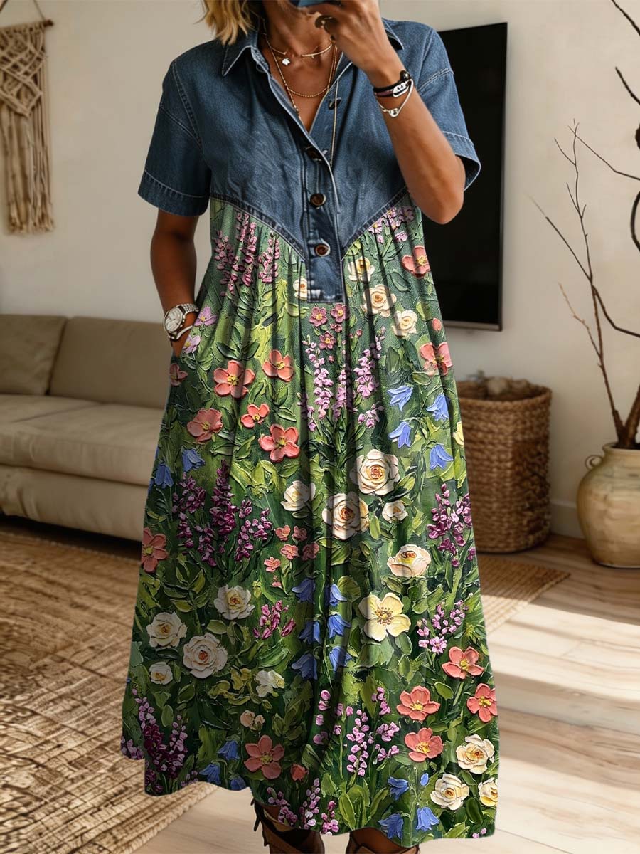 Vintage Floral Pattern Art Print Casual Stylish Lapel Denim Patchwork Dress