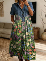 Vintage Floral Pattern Art Print Casual Stylish Lapel Denim Patchwork Dress