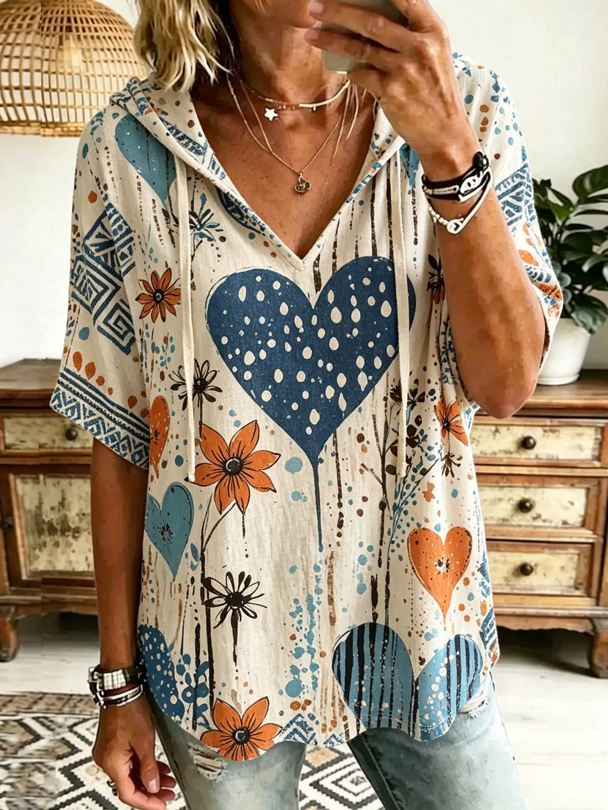 Women Polka Dot Heart Floral Hand-Drawn Art Print Hooded Short