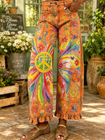 Women's Rainbow Peace Sign Butterfly Floral Tie Dye Print Ruffle Hem Wide Leg Cropped Jeans