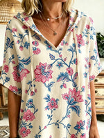 Women Vintage Large Floral Art Print Hooded Short Sleeve Top