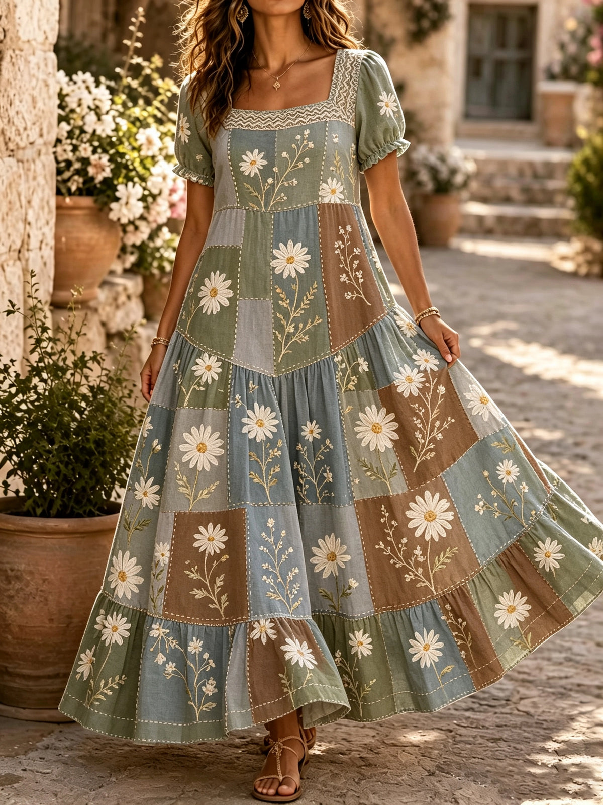 Women's Daisy Patchwork Square-Neck Maxi Dress