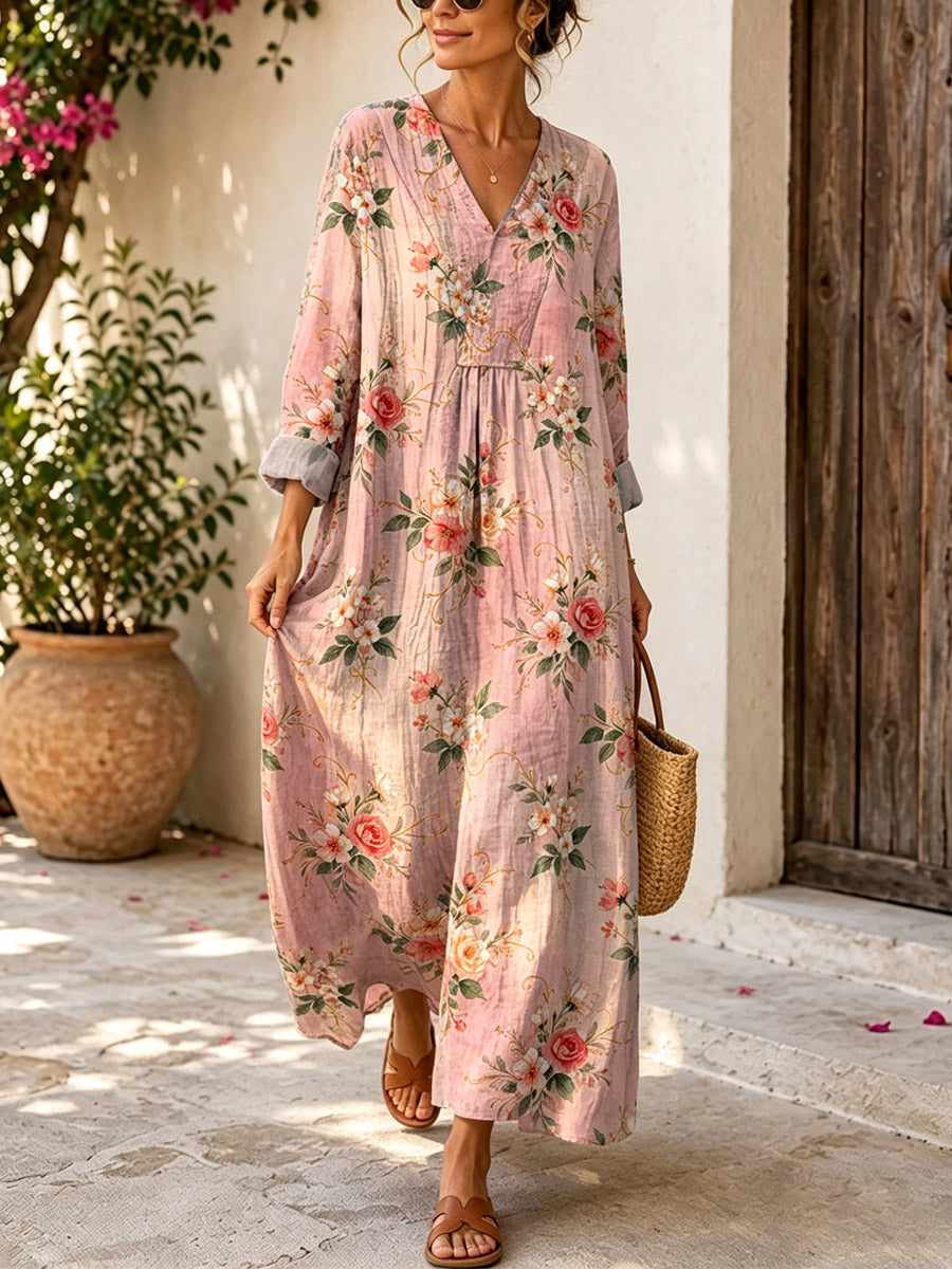 Retro Floral Pattern Art Print Casual V-neck Long Sleeve Cotton Linen Maxi Dress