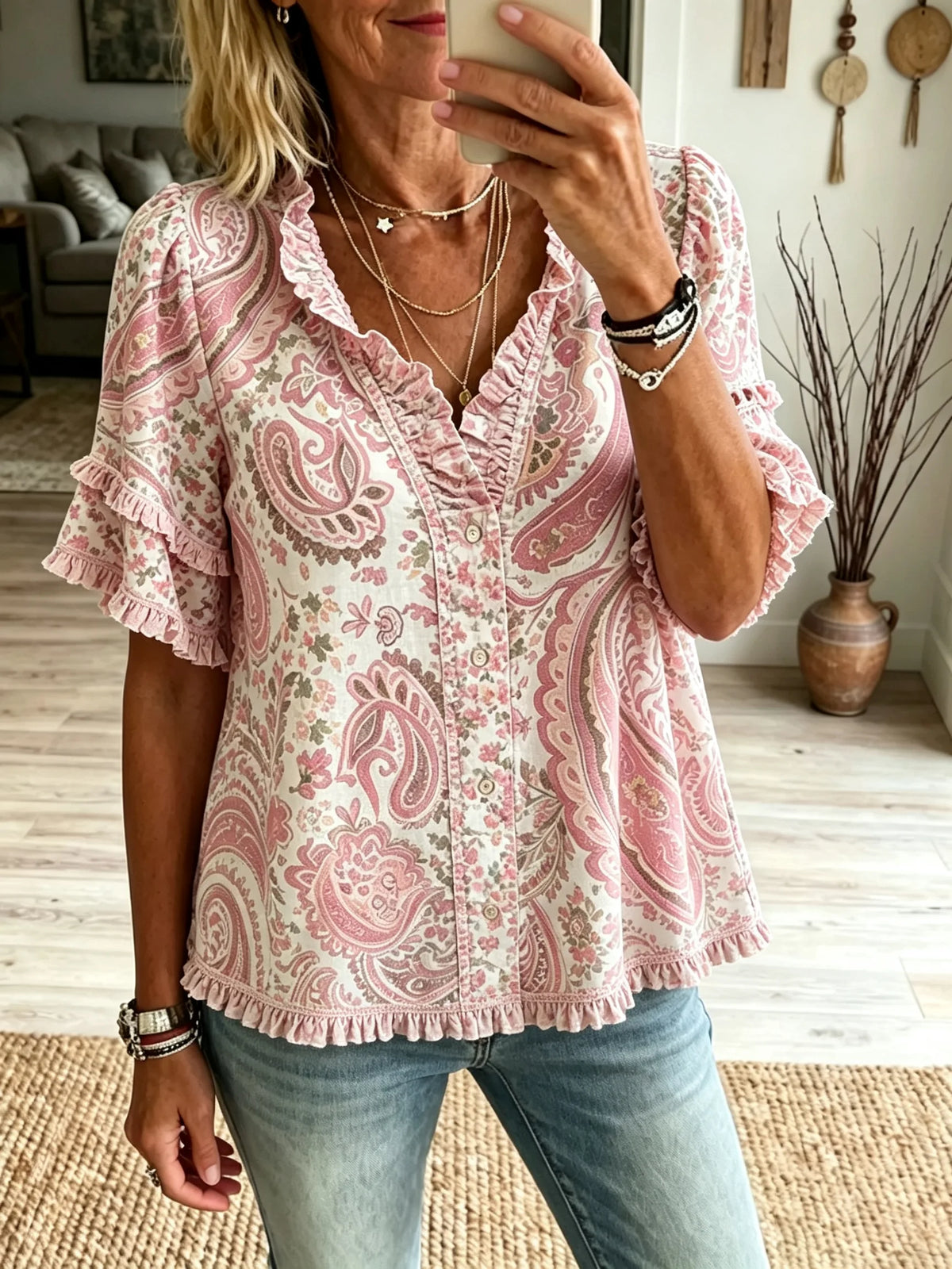 Women's Pink Paisley Floral Ruffle Short Sleeve Blouse
