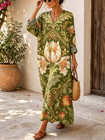 Retro Floral Pattern Art Print Casual V-neck Long Sleeve Cotton Linen Maxi Dress