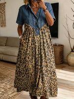 Retro Leopard Pattern Art Print Casual Stylish Lapel Denim Patchwork Dress
