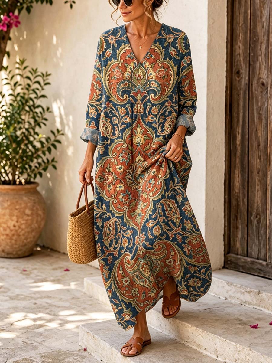 Retro Ethnic Floral Pattern Art Print Casual V-neck Long Sleeve Cotton Linen Maxi Dress