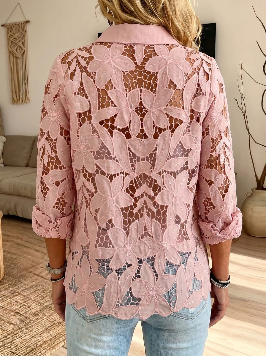 Women’s Floral Hollow Out Lace Lapel 3/4 Sleeve Shirt