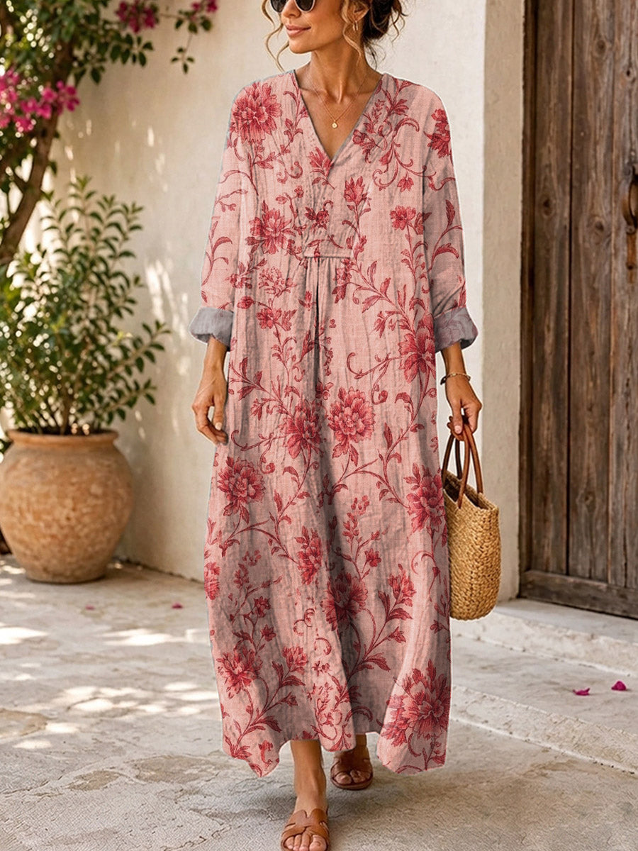 Retro Floral Pattern Art Print Casual V-neck Long Sleeve Cotton Linen Maxi Dress