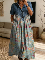Women’s Denim Spliced Butterfly Floral Print Midi Shirt Dress With Pockets