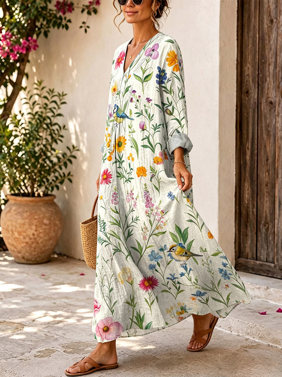 Retro Floral Birds Pattern Art Print Casual V-neck Long Sleeve Cotton Linen Maxi Dress