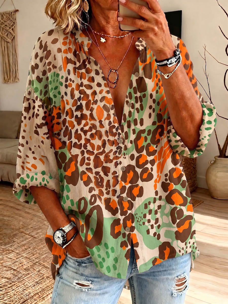 Vintage Elegant Button Long Sleeve Patterned Shirt