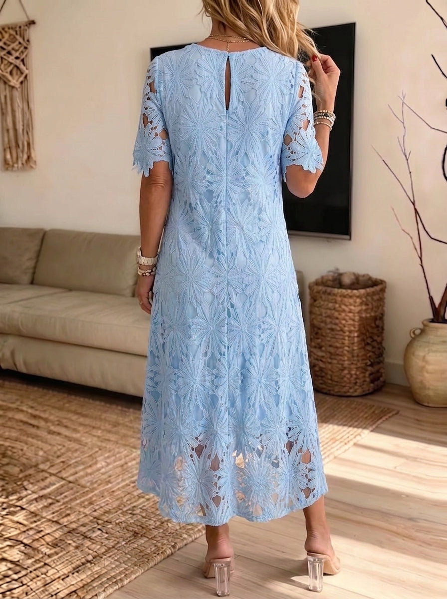 Women's Three Quarter Sleeve Floral Embroidery Print Lace Trim Tiered Maxi Dress