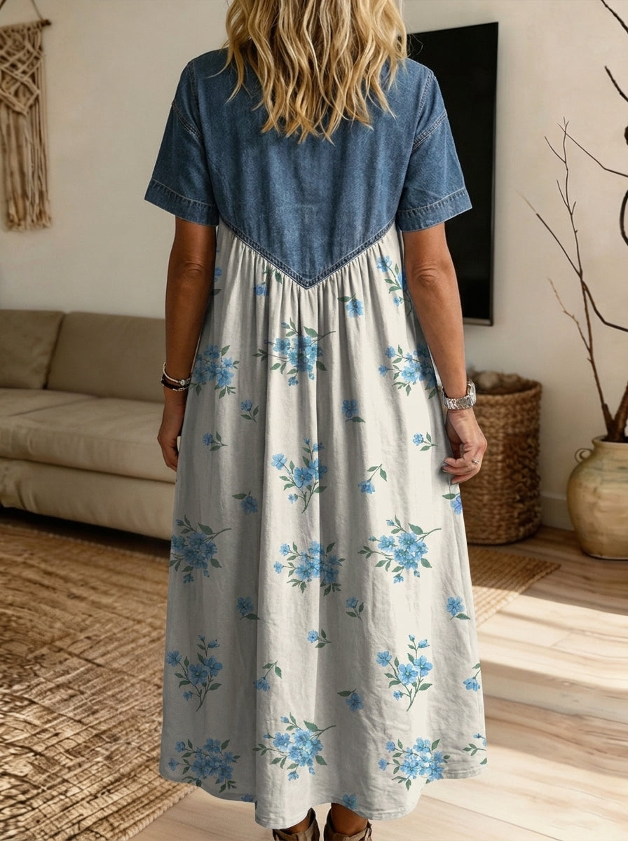 Women’s Denim Spliced Blue Floral Print Shirt Midi Dress With Pockets