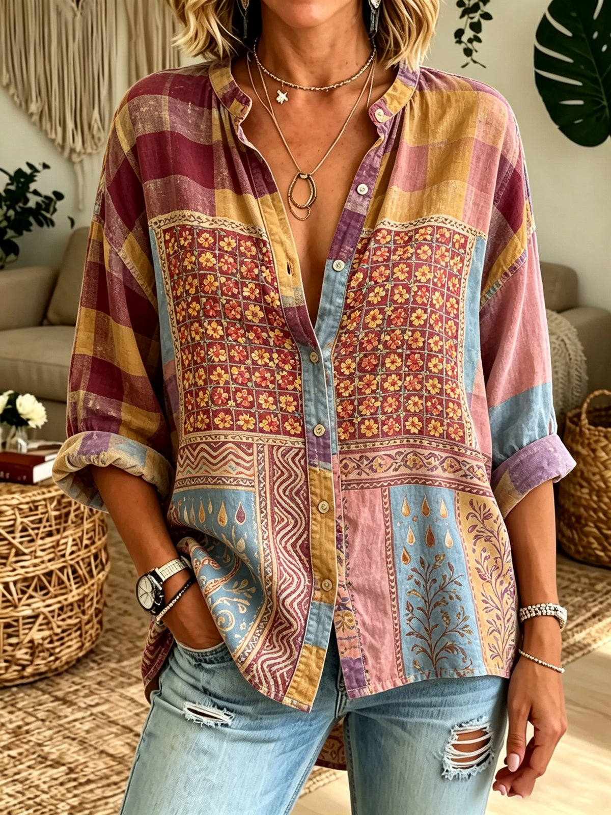 Women's Checkered Floral Patchwork Print Button-Down Shirt