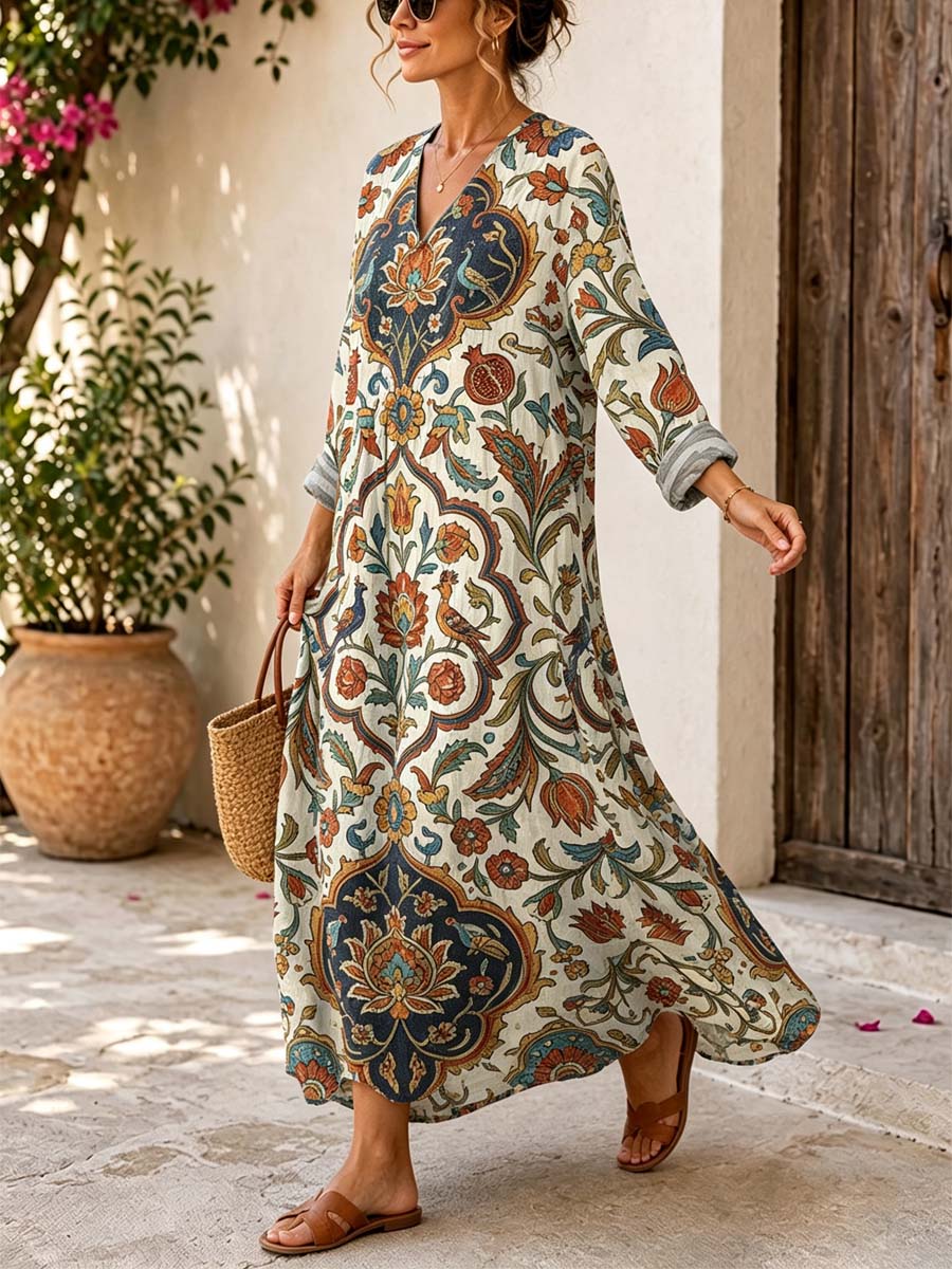 Retro Ethnic Floral Pattern Art Print Casual V-neck Long Sleeve Cotton Linen Maxi Dress