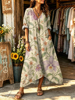 Women's Watercolor Orchid Floral Print V-neck Maxi Dress