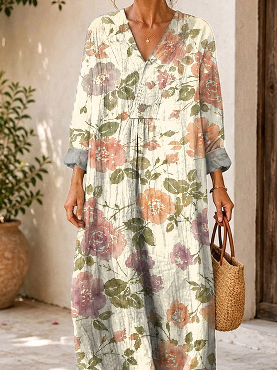 Retro Floral Pattern Art Print Casual V-neck Long Sleeve Cotton Linen Maxi Dress