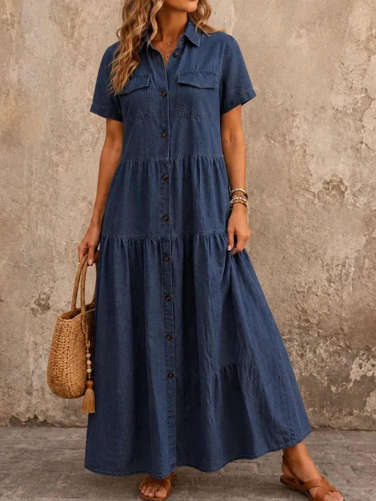 Women's Tiered Short Sleeve Denim Maxi Dress