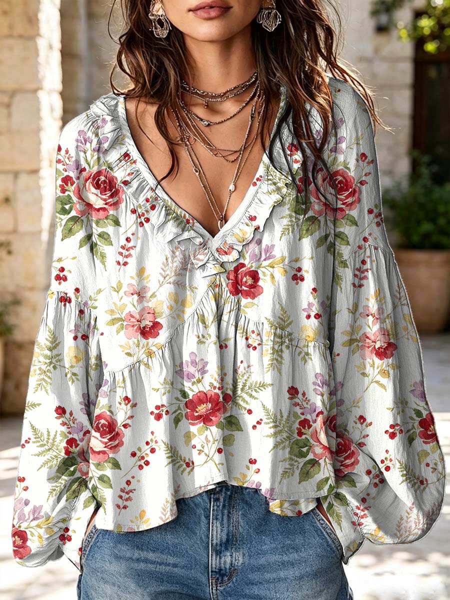 Women's Floral Pattern Art Print Ruffle Casual Long Sleeve Cotton Linen Shirt