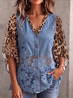 Vintage Elegant Openwork Lace Patchwork Denim Chiffon Shirt