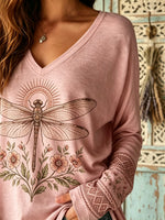 Women's Vintage Dragonfly Print V-Neck Top