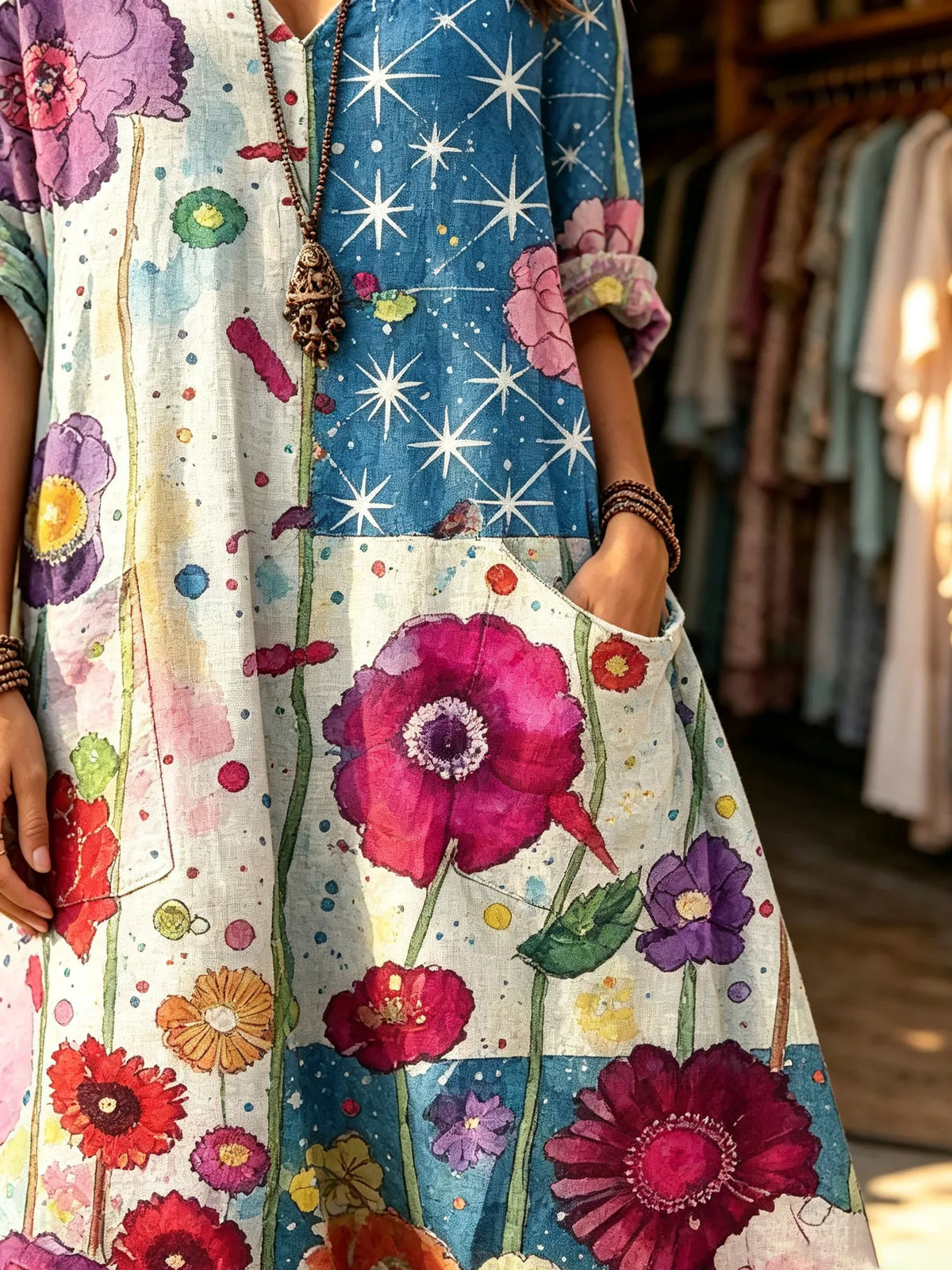 Women's Color Block Watercolor Big Floral Starry Sky Spliced Print V-neck Maxi Dress