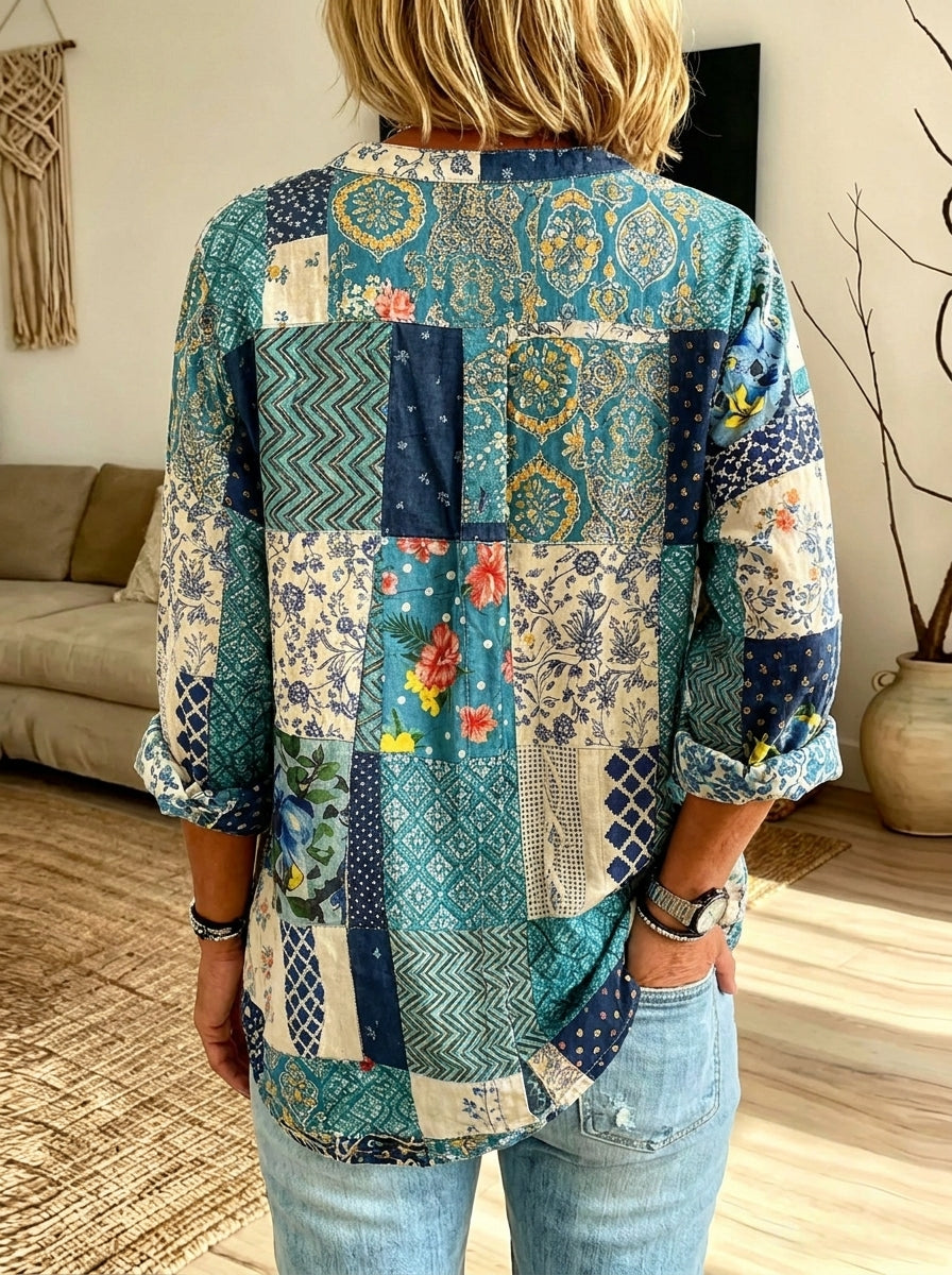 Women’s Blue Tone Patchwork Floral Geometric Print Ruffle Collar Loose Button Down Blouse