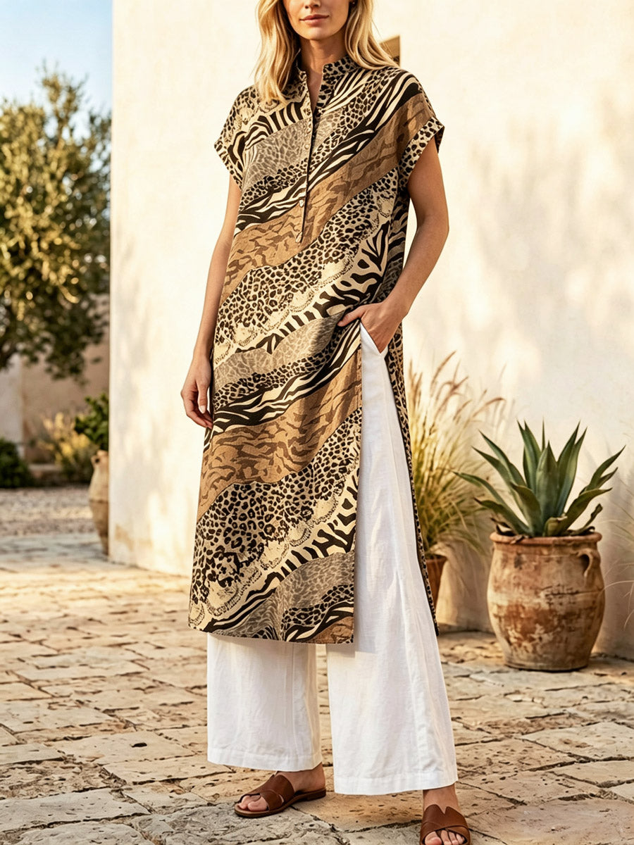 Retro Leopard Patchwork Pattern Art Print Casual Side Slits Stylish Cotton Linen Shirt