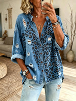 Women's Distressed Leopard Print Loose Denim Shirt