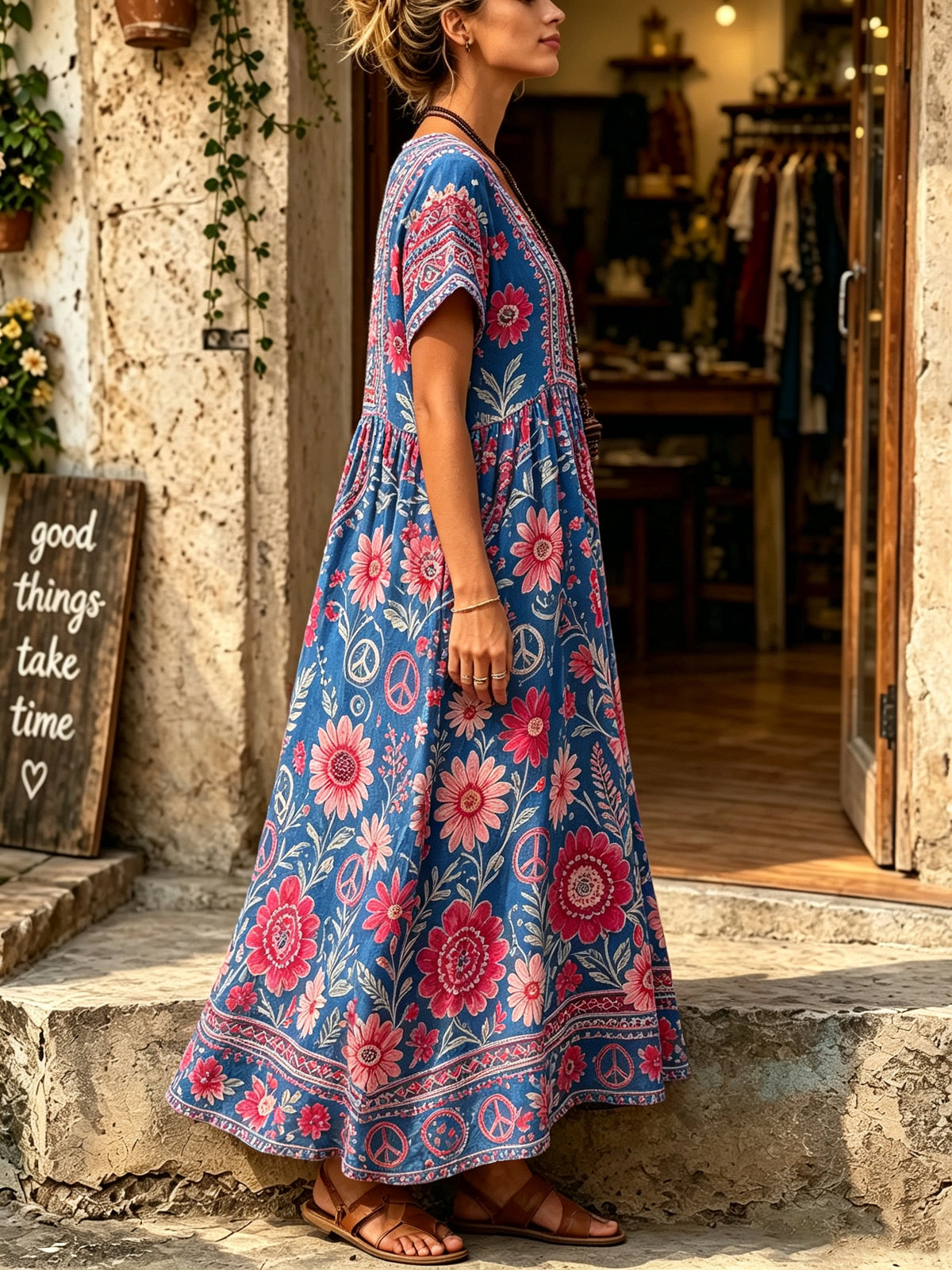 Women's Floral Peace Print Maxi Dress