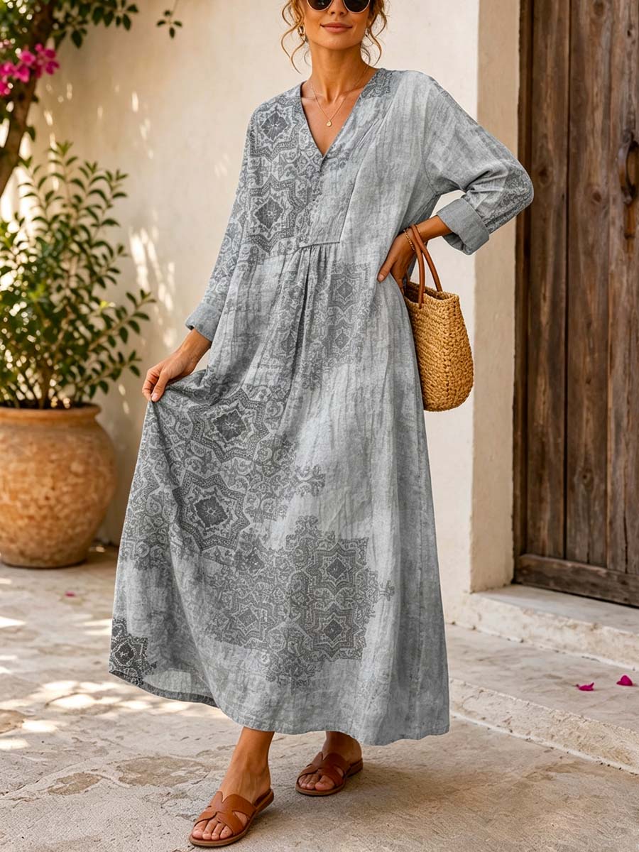 Retro Ethnic Pattern Art Print Casual V-neck Long Sleeve Cotton Linen Maxi Dress