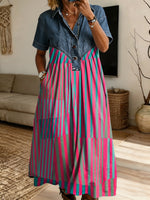 Geometric Stripe Pattern Art Print Casual Stylish Lapel Denim Patchwork Dress