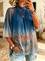 Women‘s Ombre Blue Leopard Print High Neck Flare Sleeve Chiffon Blouse