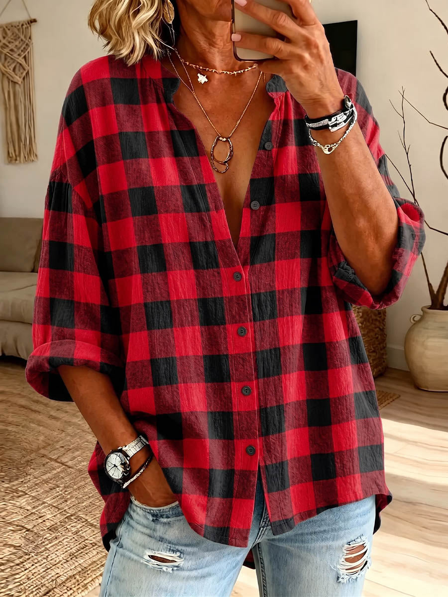 Vintage Elegant Button Long Sleeve Cotton And Linen Plaid Shirt